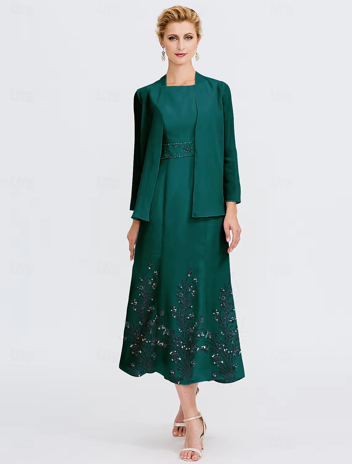 Buyishang Two Piece A-Line Dress Suit Mother of the Bride Dress Elegant Jewel Neck Tea Length Chiffon 3/4 Length Sleeve Jacket Dresses with Sequin